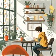 A boy sitting at a desk in a room with many plants. He is wearing a yellow sweater and writing in a book.