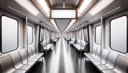 Poster - An empty modern train interior with a blank advertising poster display in a clean design, on a light background, concept of transportation and branding space. Generative AI