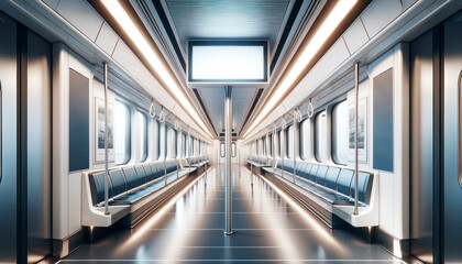 Poster - An empty modern subway train interior with a blank advertising panel on the ceiling, on a metallic and illuminated background, concept of public transport and advertising space. Generative AI