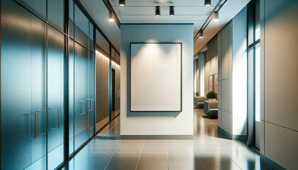 Poster - Empty poster on a wall in a modern interior, digital design, illuminated background, concept of advertising space. Generative AI