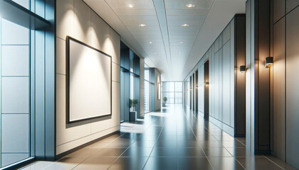 Aufkleber - An empty poster on a wall inside a brightly lit corridor with reflective floor, modern office background. Generative AI
