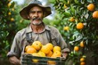 A portrait of a farmer in a widebrimmed hat, holding a crate of bright oranges, standing in the middle of an orange grove