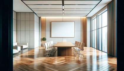 Poster - Modern conference room with a large blank poster on the wall, wooden table, chairs, and a city view. Generative AI