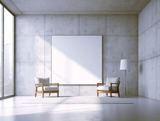 Poster - Modern interior with an empty poster frame, stylish chairs, and floor lamp, a concept of minimalism and design. Generative AI