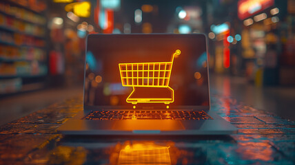 Fototapete - This laptop screen displaying a shopping cart icon. Laptop Displaying Shopping Cart