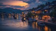 The quaint charm of a coastal village at twilight, with traditional houses nestled along the shoreline and fishing boats gently swaying in the harbor