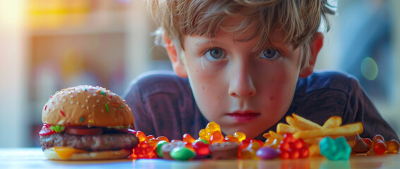 A boy with fast food burger, chocolate, and gummy candy on a table in front of him.