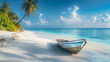 Serene tropical beach with old wooden boat under sunny skies