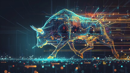 Poster - Vibrant digital bull illustration over futuristic stock market data. Symbol of bullish trends in crypto and stock trading
