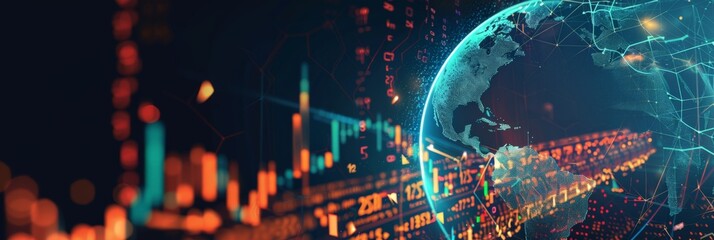 Panoramic view of global financial markets, illuminated by trading data and market trends.