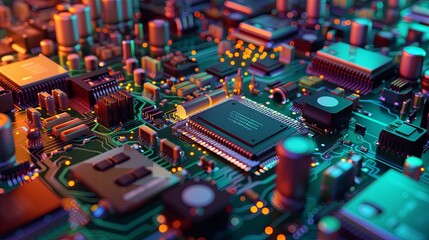 Leinwandbilder - Detailed view of a computer board showing numerous electronic components such as microchips and printed circuit boards in a manufacturing workshop. Generative AI