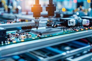 Leinwandbilder - Close-up view of a machine soldering electronic components onto a circuit board in a manufacturing workshop. Generative AI