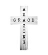 Amazing Grace retro type style text with realistic wooden cross. Christian icon. T shirt graphic template. Church logo, black and white concept. Praise and worship music album design. Creative blank.