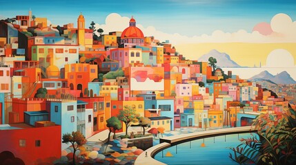 Wall Mural - colorful cartoon town building.