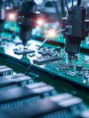 Poster - A close-up view of a machine intricately working on a circuit board in a manufacturing workshop, focusing on electronic microchips. Generative AI