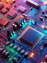 Leinwandbilder - Detailed view of a computer circuit board showing electronic microchips and printed components in a manufacturing workshop. Generative AI
