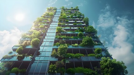 Poster - Eco Friendly Skyscraper with Lush Vertical Gardens and Solar Panels Showcasing Sustainable Urban Living in a Modern Metropolis