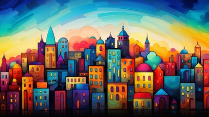 Wall Mural - colorful cartoon town building.