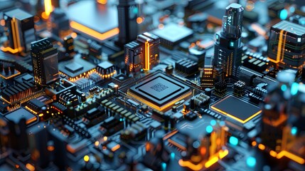 Poster - Detailed view of a computer motherboard showcasing electronic microchips and printed circuit boards in a manufacturing workshop. Generative AI