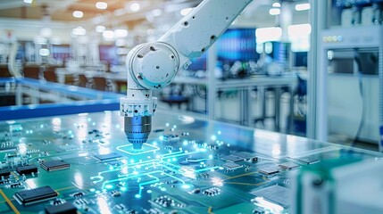 Leinwandbilder - A robotic arm equipped with precision tools is soldering components onto a circuit board in a manufacturing workshop. Generative AI