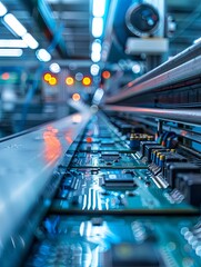 Poster - Detailed view of electronic microchips and printed circuit boards on a computer motherboard in a manufacturing workshop. Generative AI