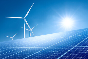 Wall Mural - solar panels with wind turbine on blue sky. concept of clean energy. energy supply, distribution of 