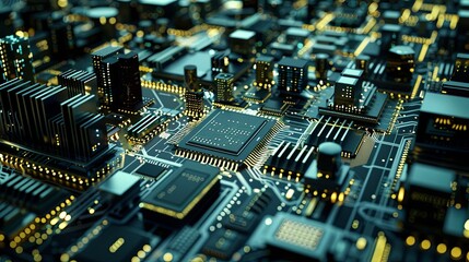 Leinwandbilder - Detailed view of a computer circuit board, showcasing intricate electronic components and connections in a manufacturing workshop. Generative AI