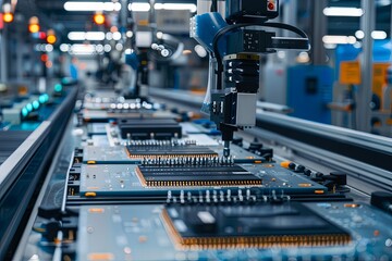 Aufkleber - A machine meticulously works on shaping a piece of metal in a manufacturing workshop with electronic microchips and printed circuit boards in the background. Generative AI
