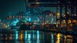 The vibrant nightlife of a bustling port city, with the waterfront alive with a myriad of colorful lights and the silhouettes of cargo ships standing tall against the night sky