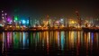 The vibrant nightlife of a bustling port city, with the waterfront alive with colorful lights and the silhouette of cargo ships against the night sky