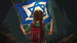 Little Jewish girl with flag of Israel on black bac