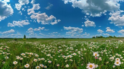 Wall Mural - Beautiful summer colorful panoramic landscape of flower meadow with daisies against blue sky with clouds.