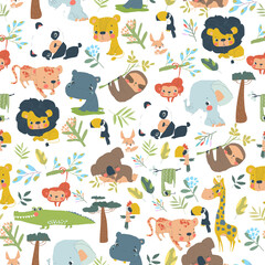 Wall Mural - Vector Seamless Pattern with Jungle Animals on Green Background