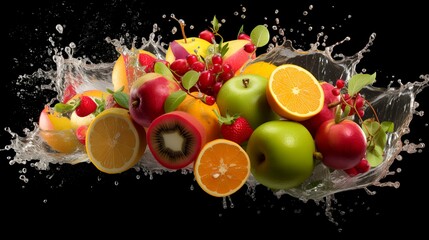 Wall Mural - Fruit in water splash, isolated on a black background with clipping path