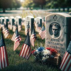 Wall Mural - Military Headstones and Flags Shallow Depth of Field Memorial Day, patriot day, veterans Day American national holiday template illustration generative ai