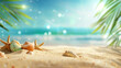 Summer vacation concept with sky, sand, sea, seashell, bokeh light and palm leaves