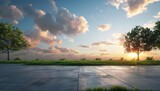 Create a realistic 3D rendering of an outdoor plaza with a sunset sky
