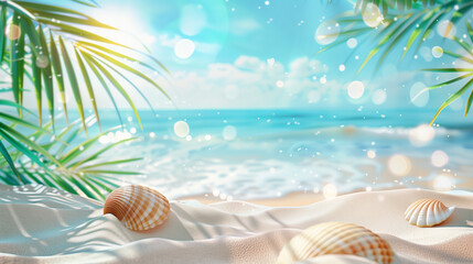 Wall Mural - Summer vacation concept with sky, sand, sea, seashell, bokeh light and palm leaves