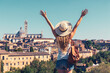 Happy woman tourist looking at cityscape of Siena- Travel destination, tour tourism in Italy