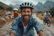 © Larisa AI - Cheerful man with helmet cycling outdoors with kids in a scenic countryside setup
