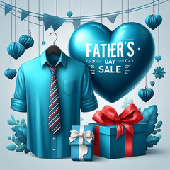 Father's Day card with big heart , shirt and gift box banner design decoration template with space for copy card Father's Day Sale created with generative ai