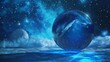 Blue starry sky glass ball, mysterious, solid color background, promotional illustration style