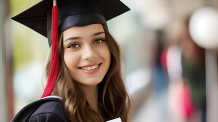 Wall Mural - Cheerful young woman wearing a graduation cap is smiling warmly during her graduation ceremony, embodying a sense of achievement and optimism for the future