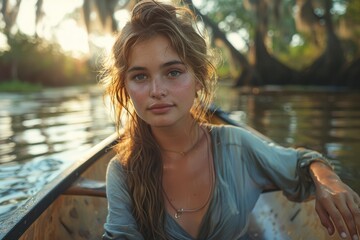 Wall Mural - A relaxed young woman is in a canoe on the river with sunlight filtering through trees during golden hour