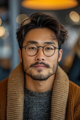 Wall Mural - Young Asian man with glasses, selective focus