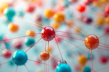 Artistic representation of a global communication network with colorful spheres connected by thin red wires, arranged in a sphere shape, set in a virtual reality environment.