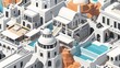 An isometric blueprint-like illustration of Santorini, Greece