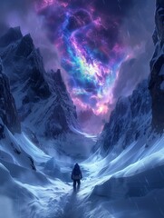 Wall Mural - trekker looking an aurora borealis shining in the arctic skies