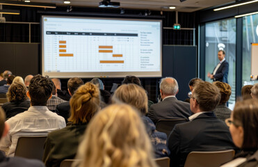 Wall Mural - an audience from the front and side views, with people sitting in chairs watching someone on stage presenting to them. A white screen for presentations is on a big wall behind the conference room