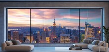 A Wall Background Featuring A Large, Panoramic Window With A View Of The City Skyline At Twilight, The Window Acting As A Live Mural Against The Muted, Dove Gray Interior Wall,